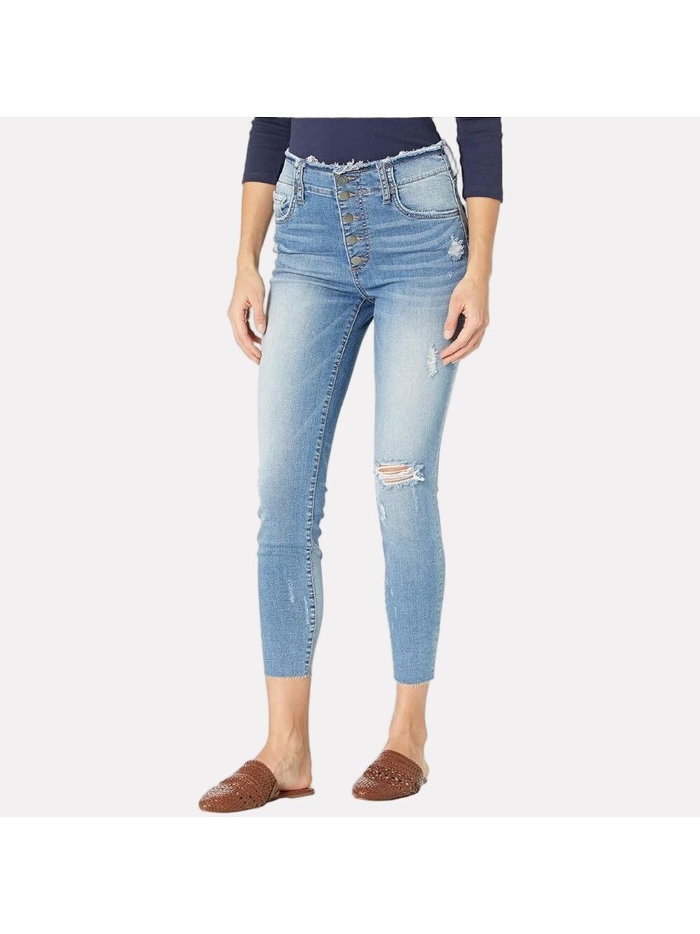 Kut from the Kloth Connie Ripped Exposed Button Raw Hem Ankle Jeans Size 2 EUC